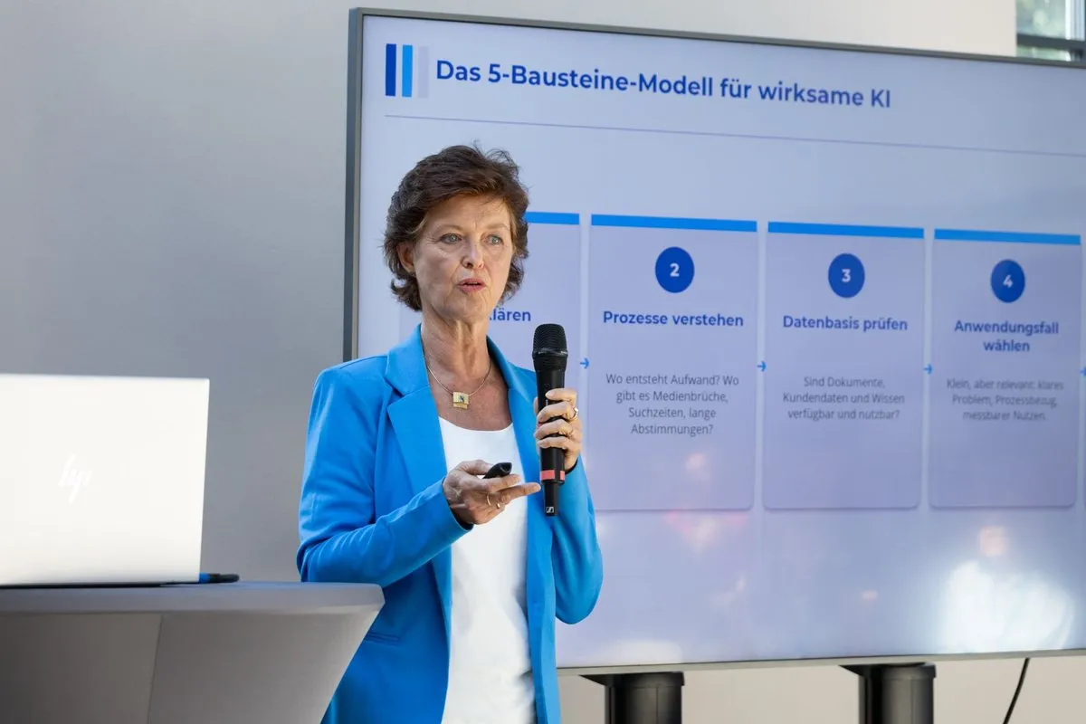 Stefanie Jung von ProDigital referiert beim Summer Special Event KI im Business der MEO Business Women über das 5-Bausteine-Modell für wirksame KI